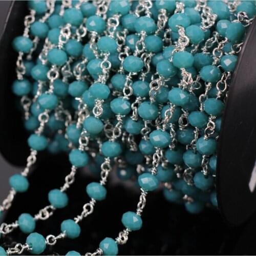 5Meter/lot Faceted amazonite Rondelle Wire Wrapped Rosary Chain,amazon stone Silver Plated Chain,Women Necklace Jewelry Findings