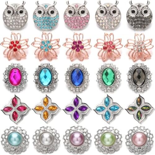 5pcs/lot New Snap Jewelry Rhinestone Flower Owl 18mm Metal Snap Buttons Fit Leather Snap Bracelet Necklace DIY Charms Jewelry