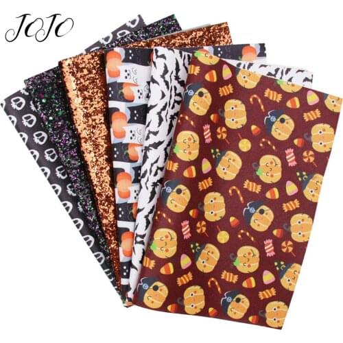 JOJO BOWS 22*30cm 6pcs Faux Synthetic Leather Glitter Fabric Halloween Printed Sheet DIY Craft Hair Bow Holiday Home Decoration