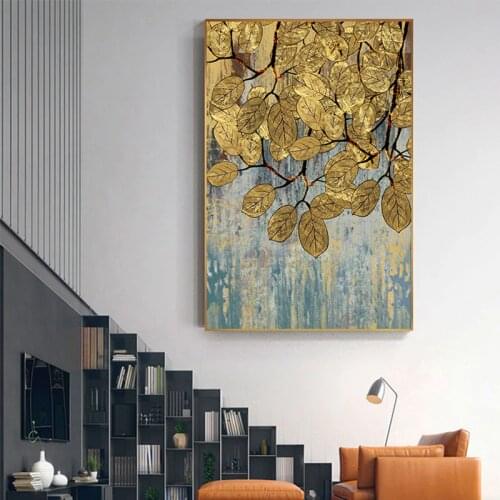 Abstract Golden Leaf Painting Tableaux Big Poster Print Grey Wall Art for Living Room Entrance Aisle Gold Cuadros Salon Triptych