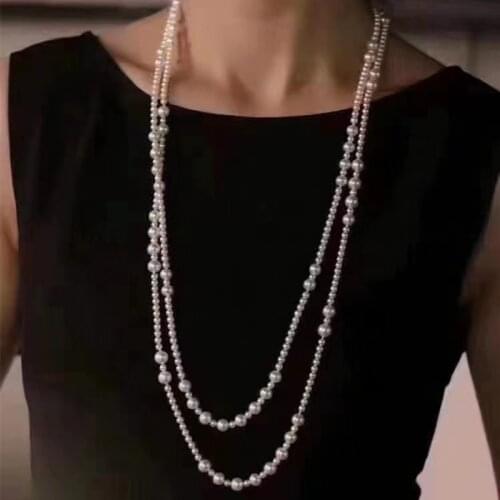 Free shipping bridal women No clasp white natural real pearl beads simple pearl long sweater necklace jewelry new design gift