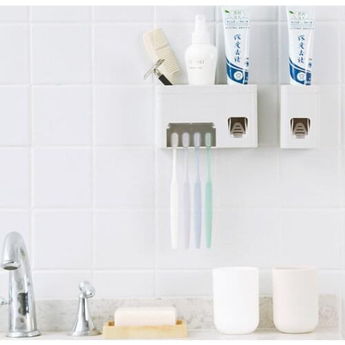 Toothbrush Holder In Bathroom Adhesive Toothpaste Holder Wall Hanging Automatic Toothpaste Extruder Toothbrush Holder
