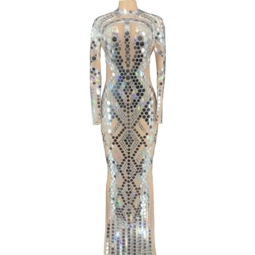 New Shining Silver Mirrors Sequins Long Dress Women Birthday Prom Party Dresses Stage Dance Transparent Mesh See Through Outfit