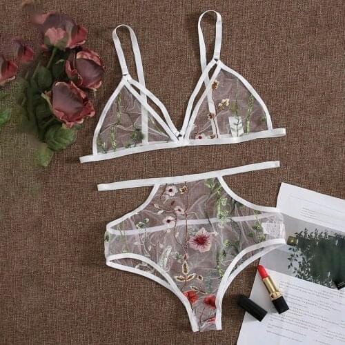 Sexy Hot Lingerie Set Women Transparent Bra Tops G-string Thong Sleepwear Outfit Flower Lace Underwear Lingerie Ju8
