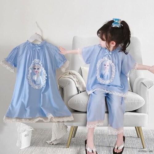 Baby Girls Clothes Set Blue Lace cartoon Tops Frozen Elsa Print Pants 2 Pcs Outfits Casual Infant Clothing Home Dress