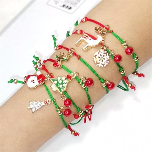 Multicolor Christmas Gift Jewelry Vintage Hand Knitted Bracelet Santa Claus Snowflake Elk Pendant Womens Christmas Bracelet