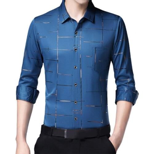 Men Dress Shirt Irregular Stripes Satin Surface Casual Single-breasted Turndown Collar Long Sleeve Office Shirt for Business