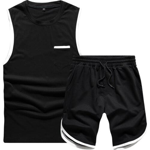 Mens Sports Suits for Spring and Summer Sleeveless Contrast Pocket Sleeveless Vest Knee Length Pants Sportswear Suit