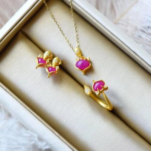 Best Gift Natural Real Ruby Set Natural And Real Ruby Jewelry set 925 sterling silver 1pc Ring,1pc Pendant,2pcs Earring