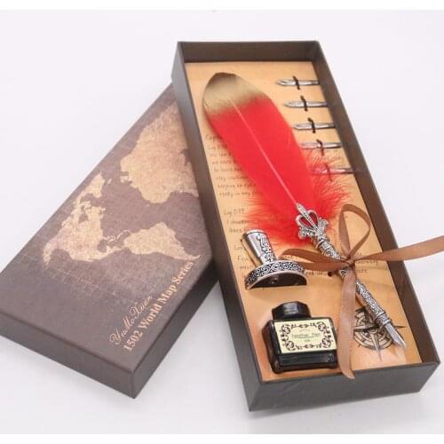English Calligrap Feather Pen Set Vintage Advertising Gift ink Pen Dip Water Metal Fountain Pen Set Birthday Gift Box 5 Nibs