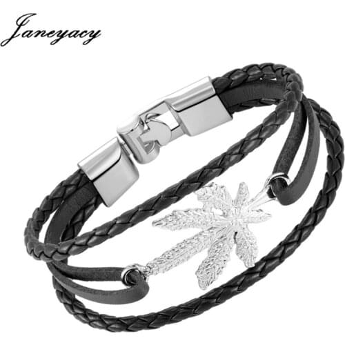 Janeyacy New Brand Bracelet Fashion Charm Leaf Leather Bracelet Men Multilayer Bracelet Bracelet Party Gifts Hombres Pulsera
