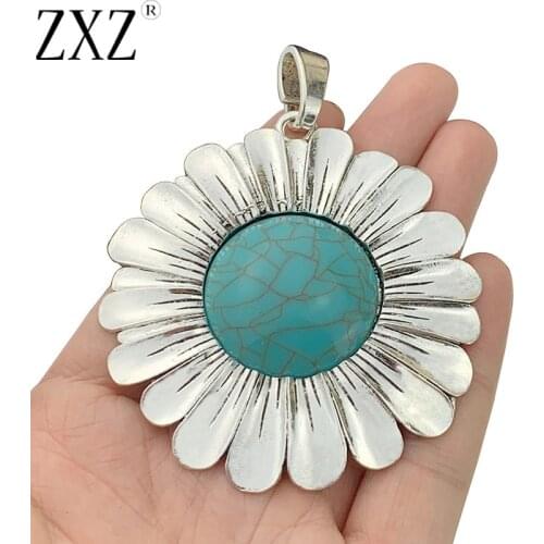 ZXZ 2pcs Tibetan Silver Large Sunflower & Faux Turquoise Stone Charms Pendants for Necklace Jewelry Making Accessories