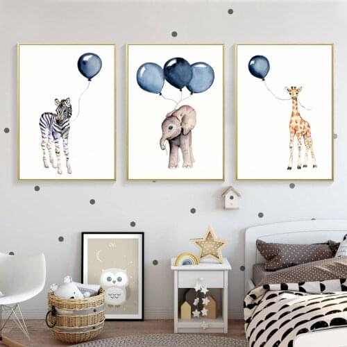 Blue Bubble Elephant Giraffe Nursery Nordic Poster Animal Wall Art Canvas Painting Kid Baby Room Home Decoration Wall Pictures