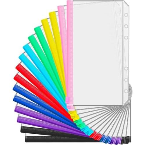 PPYY-16 Pieces A6 Binder PVC Pockets Loose Leaf Bags Pouch Document Filing Bags for 6-Ring Notebook Binder Planner, 8 Colors