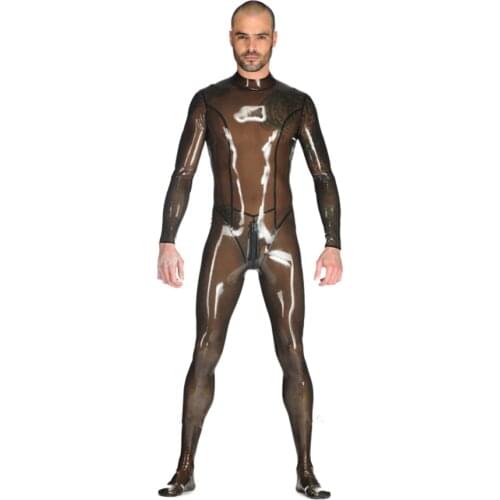 Transparent Latex Rubber Catsuit Men Gummi Bodysuits with Back Crotch Zipper