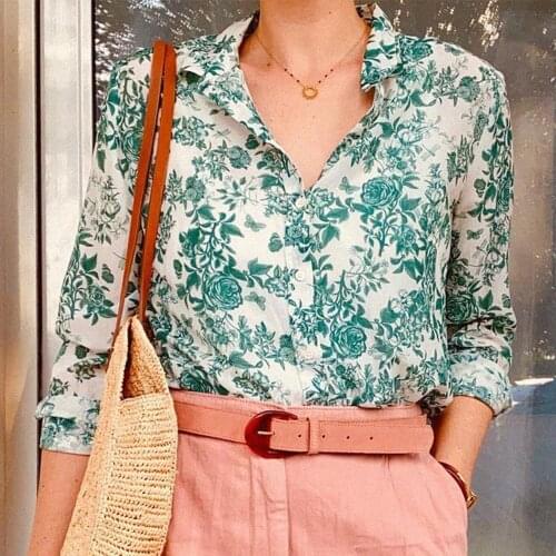 Pierro Floral Printed Shirt Vert 2021 Femme Long Sleeves Cotton Silk Buttons Up Chic Blouse Vintage Casual Tunic Tops