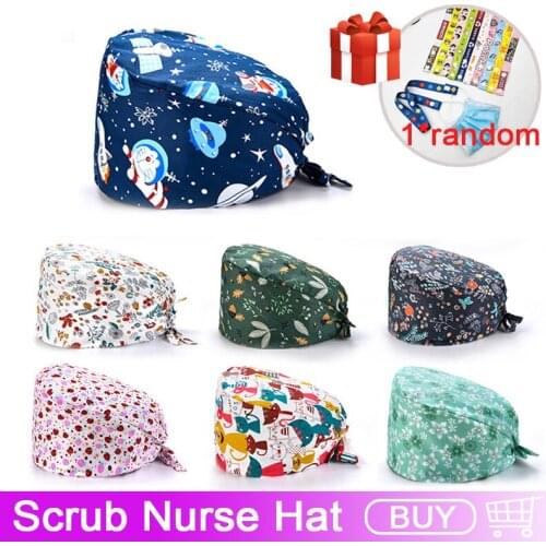 Unisex cotton Cartoon animal print scrub hats adjustable Scrubs caps beauty salon frosted cap lab working hat pet shop Scrub Cap