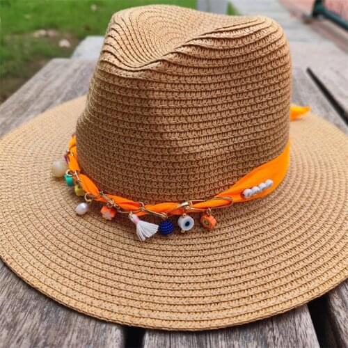 Boho sun hat Letter Chain hat summer sun block hat sunscreen style vacation outdoor sun hat straw beach wide brim hat