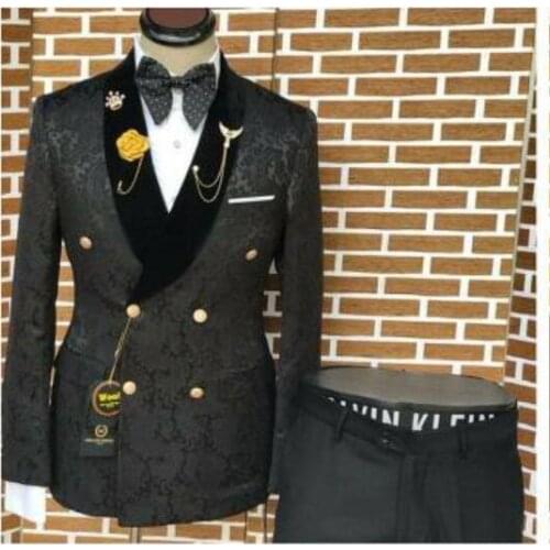 Wedding Suit Dress Men Clothing 2021 Formal Tuxedo Tailor Made Black 2 Piece Set Floral Double Breasted Suits Best Man Blazers