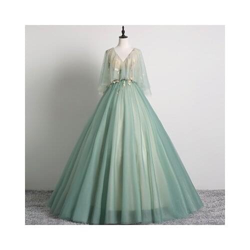 Dark mint green vintage cloak veil collar ball gown long dress vintage medieval dress Renaissance princess Victoria dress