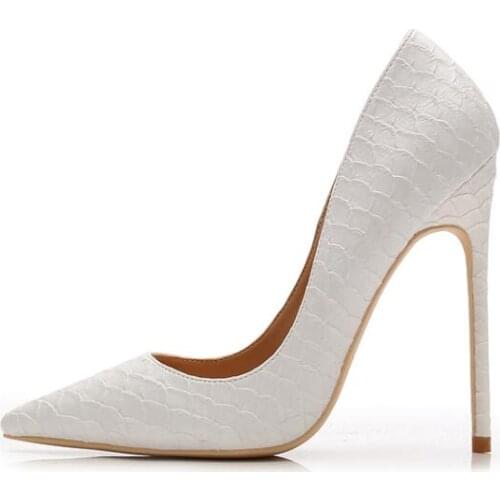 Moraima Snc Pointed Toe High Heel Shoes White Snaekskin Leather Thin Heels Pumps Woman Dress Heels Big Size 12CM Heels Shoe