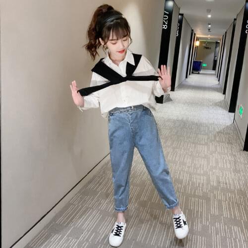 2021 Spring Summer Childrens Casual Girl Sets Kids Shawl +Long Sleeve Shirt and Jeans 3-Piece Suits Teenage Girl Outfits W125