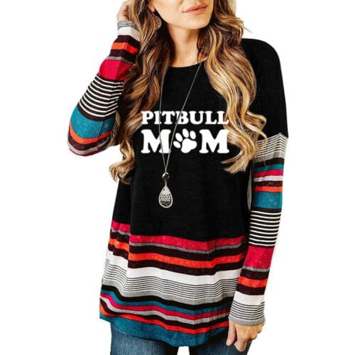 Pitbull Mom T-shirt for Mom Letters Printed Women O-Neck Casual Cotton Funny long sleeve striped crew neck large women top
