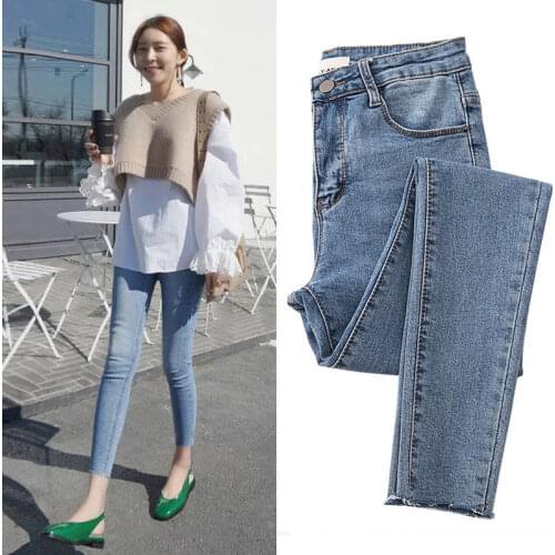 Women 2021 Spring Autumn Fashion High Waist Jeans Female Tights Holes Denim Trousers Ladies Solid Color Slim Pencil Pants P85