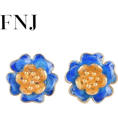 FNJ Cloisonne Rose Flower Earrings 925 Silver Original Pure S925 Sterling Silver Stud Earring Women Jewelry