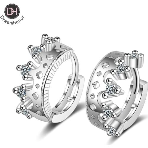 Dreamhonor European American 925 Sterling Silver Zirconia Crown Clip Earrings Jewelry For Women Gift Accessories