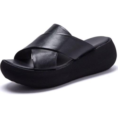 Fashion Summer Women Wedges Slippers Cross Genuine Leather Fish Mouth Slip on Platform Beach Slippers Designer Outside Slides