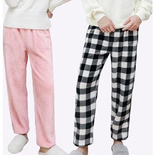 Womens Winter Thick Pajama Bottoms Pants Warm Coral Fleece Loungewear Home Pants Mens Long Plaid Pajama Pants Flannel Sleepwear