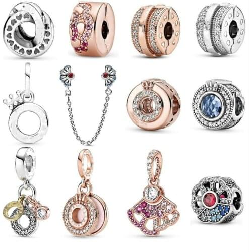 925 Sterling Silver Blue & Pink Fan Charm Bead Fit Women Pan Bracelet & Necklace Jewelry