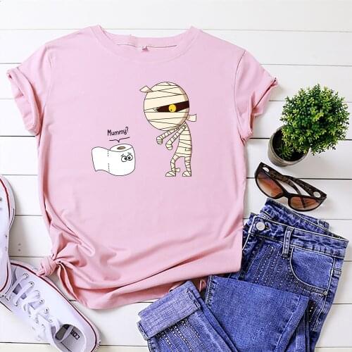 100% Cotton Summer Funny Womens T-shirt O-Neck Harajuku Zombie Toilet Paper Top Casual Female T shirt Oversized Size S-5XL