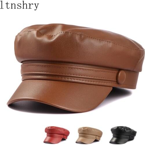 2021 Spring Autumn leather Military Cap hat Army beret Femme hat Women Black berets caps for women sombrero mujer flat Hats