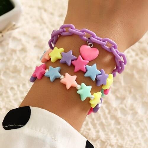 Bracelets on Hand for Women Chain 3PC/SET Fashion Candy Color Acrylic Resin Stars Heart Charms Pendant Pearls Cute Bangles Sets