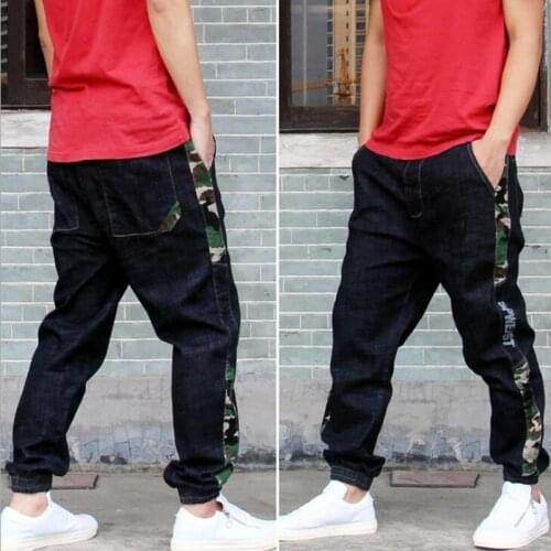 Men Casual Denim Pants Side Camo Stripe Patchwork Hip Hop Trousers Elastic Waist Pants Stretched Harem Jeans