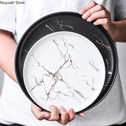 Ceramic Marble Tray Steak Plate Western Dinner Plate Household Decoration Tableware 10 Inch Round Storage Tray Home Decoration