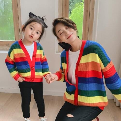 Family Matching Outfits Mother Daughter rainbow Sweater Clothing Women Mommy And Me Fashion Coat Girls stripe Sweater Clothes