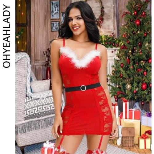 Ohyeahlady Red Christmas Sexy Lace Dress Christmas Lingerie for Women Santa Babydoll Lingerie Set with Garter Belt SJ90782