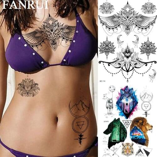 FANRUI Fake Face Chest Pendant Temporary Tattoos For Women Lotus Chains Men Sticker Sexy Fake Tatoos Art Chest Inbox Tattoo Owl