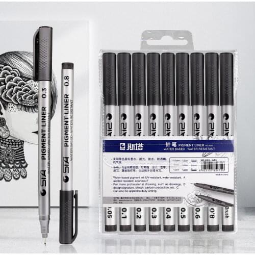 STA 9Pcs Tip Fine Liner Art Marker Drawing Pen Fade Proof Micron Black Sketch Water Marker Pen for Manga Office School Set