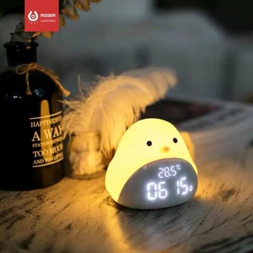 LED Night Lamp For Children Baby Kids Gift Time Temperature Cartoon Cute Bird Night Lights Alarm Clock Silicone