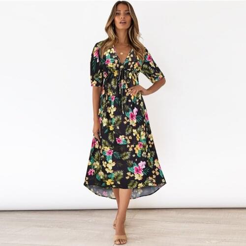 V-Neck Floral Print Boho Womens Long Summer Dresses 2021 Asymmetrical Elastic Waist Elegant Party Short Sleeve Beach Dresses