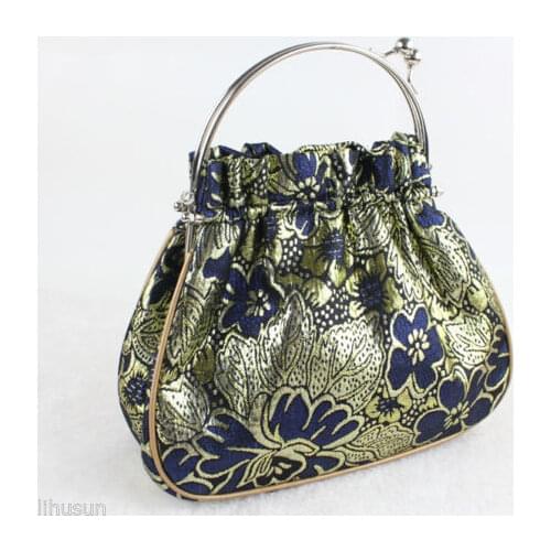 Vintage Chinese Handmade Silk&Metal Handle Blue Clutch Handbag Wallet Purse