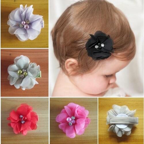 New stock 1.97" Handmade Chiffon Flowers Hair Clips Pearl Rhinestone Center kids Girls Hair Accessories Free Shipping 20pcs/lot