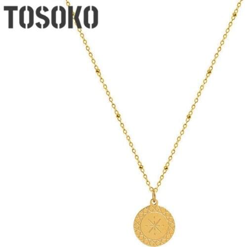 TOSOKO Stainless Steel Jewelry Round Pattern Carving Pendant Necklace Simple Fashion Clavicle Chain For Women BSP881
