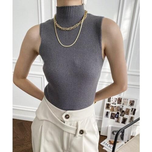 2021 Spring Summer Sleeveless Knitted Turtleneck Tops Elegant Slim Solid Color Woman Tanks Bottomed Women Vest For Minimalist
