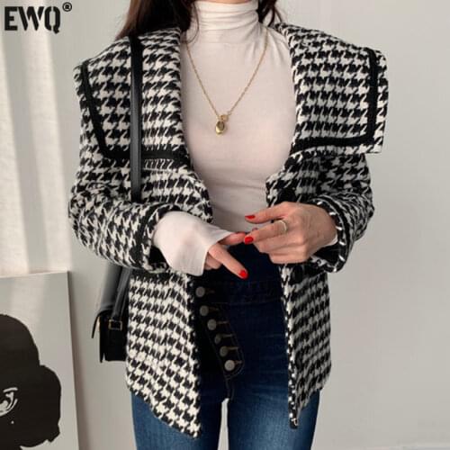 [EWQ] Korean Chic Autumn New Plaid Sailor Collar Women Single Breasted Loose Cardigan Long Sleeve Tweed Coat Female 2021 16E2615