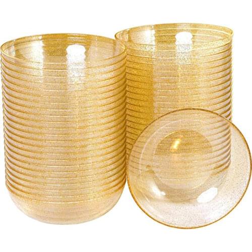 50-Piece Disposable Plastic Bowl 12oz Heavy Duty Crystal Tableware Golden Glitter Dessert Mousse Salad Ice Cream Bowl